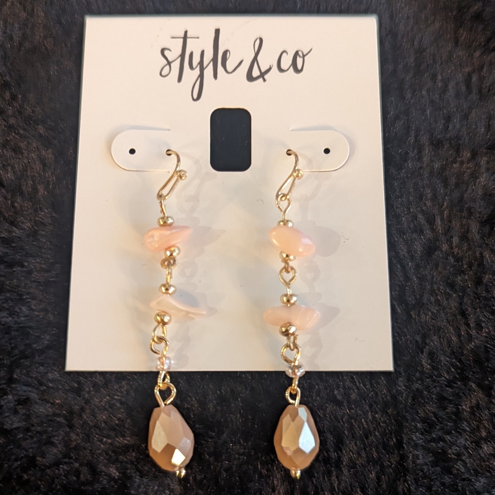 Style & Co. Dangle Gold Rose Quartz  Pink Peachy Stone Crystal Drop Earrings New